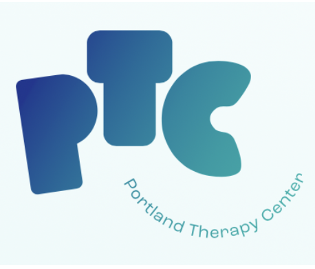 Portland Therapy Center in dark blue fade to teal text on a light blue background